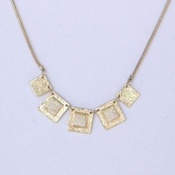 Hammered Gold Necklace Squares raw stone inset New with Tags - Picture 4 of 15